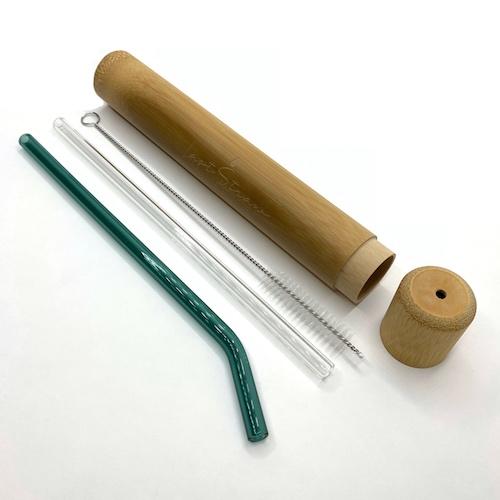 Reusable straws x 2 glass bamboo case plastic free