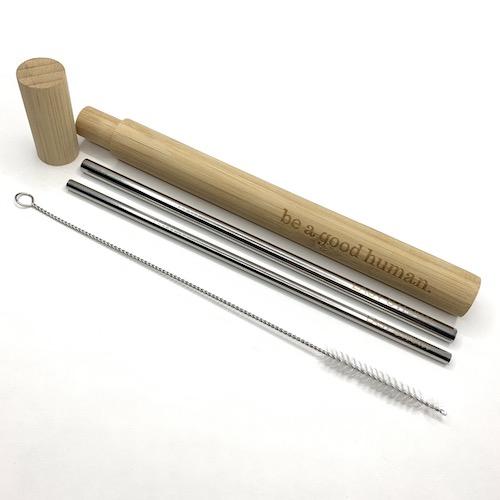Reusable straws x 2 stainless steel silver bamboo case plastic free