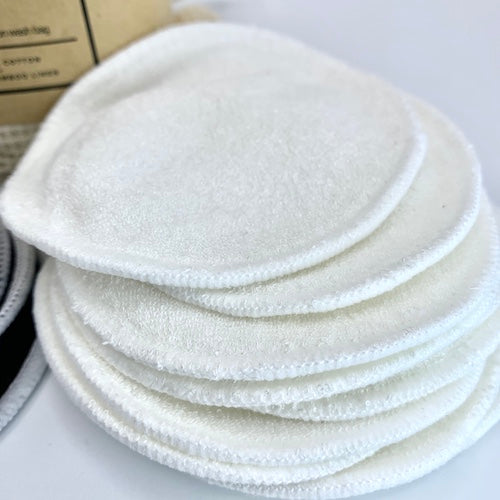 close up of natural white bamboo linen reusable facial round plastic free